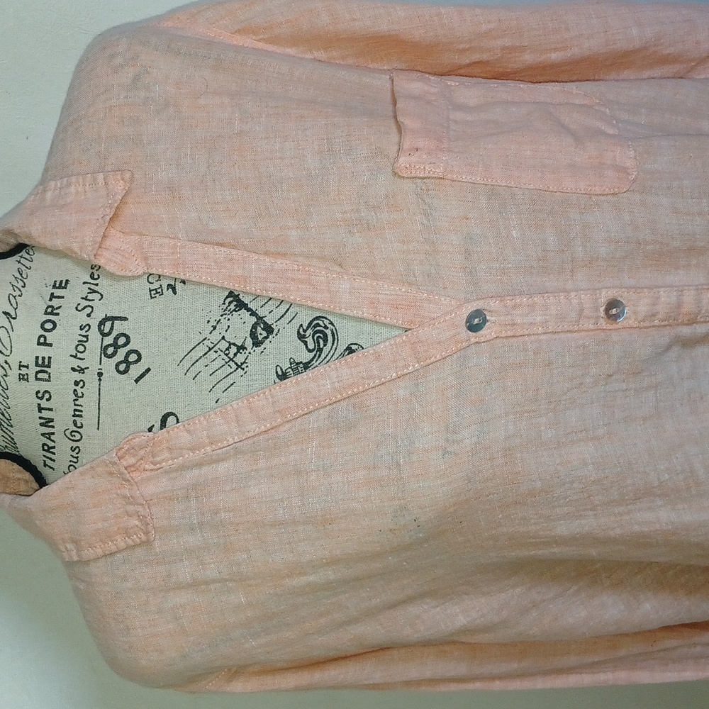 Sigrid Olsen Apricot Button Down Top 100%Linen Tab Sleeves Size XL VNeck - Picture 2 of 5